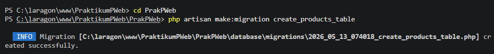 Output pembuatan migration create_products_table
